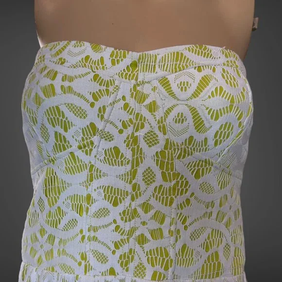 Guess Strapless Dress Size 14 Green White Knee Length Full Lace Stretch Lined - Picture 5 of 16